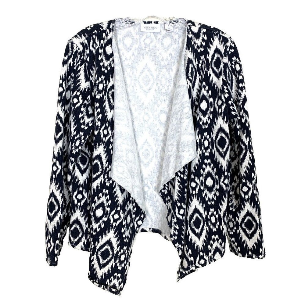 Chico's Open Front‎ Waterfall Cardigan Terry Navy Blue Cream Ikat Womens 1 M